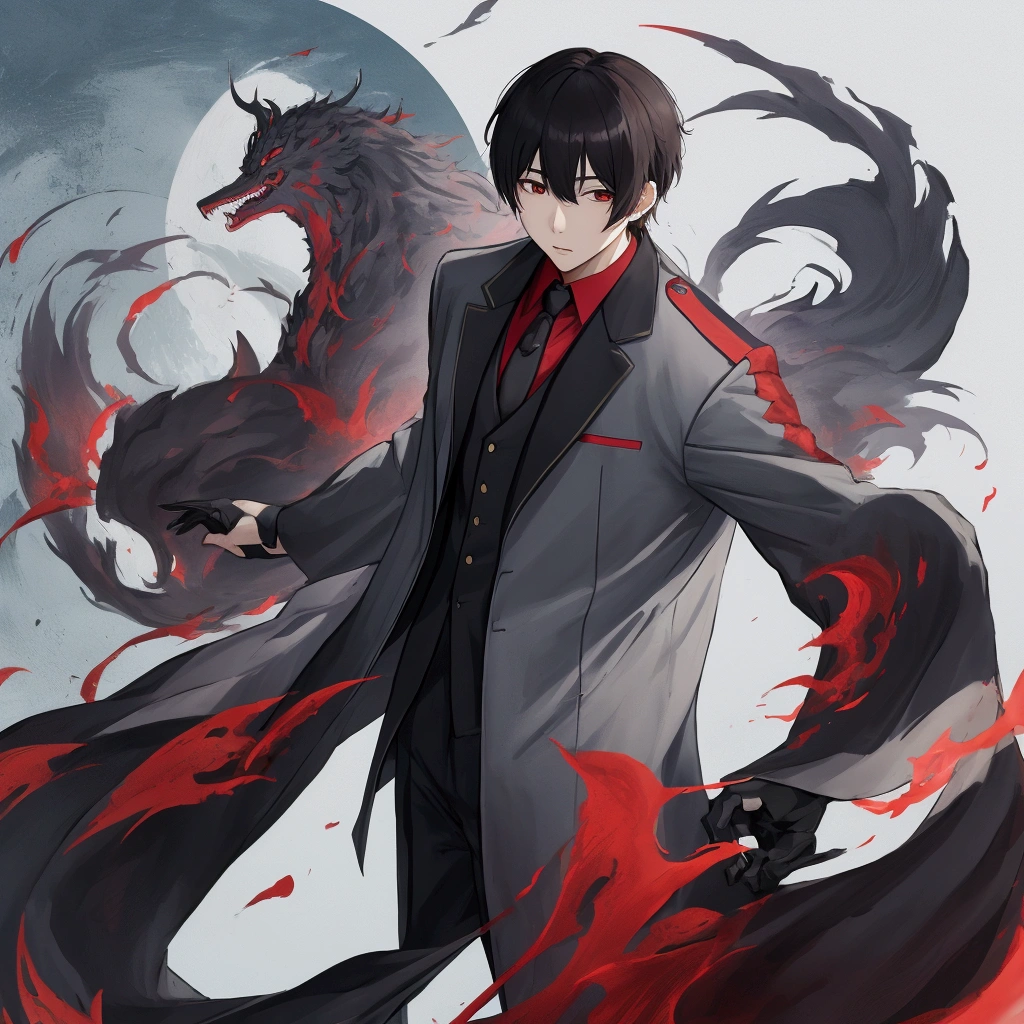 Um olho vermelho o outro amarelo, black overcoat black pants, will be of the dragon race, com asas e chifre em cor de vinho