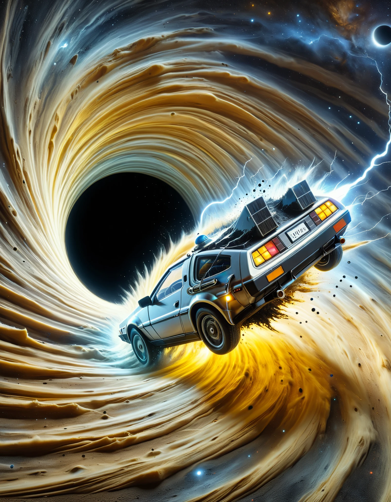 Portal to Another Dimension, black hole 
A DeLorean escapes from a black hole in the desert, yellow lightning, pale ruts, 
Masterpiece, Best Quality, Ultra high Detailes, intricate details