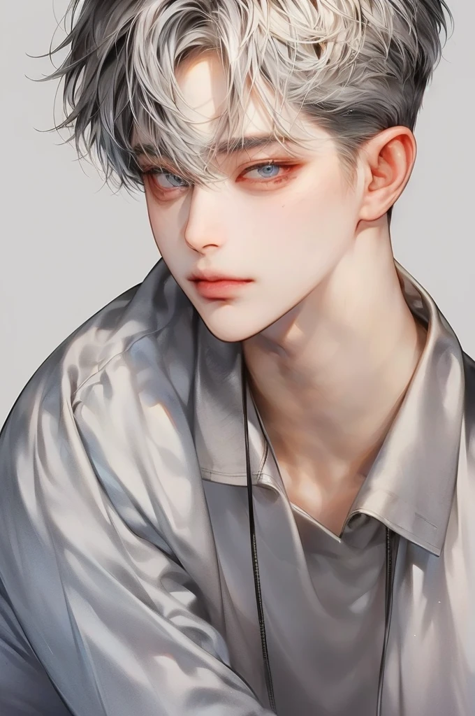 masterpiece, best quality, Detailed Eyes, high quaility, 1 male, male, 1 boy, gentle, soft, handsome, tall,  gray colored hair, gary colored eyes, a hadsome man, Korean man, Adult male, cool man、Tall, ((현진이랑 얼굴 비슷함))、 undercut, ((테크웨어를 입고 있어)), ((짧은 머리)), ((검은색 배경)), ((넓은 어깨)