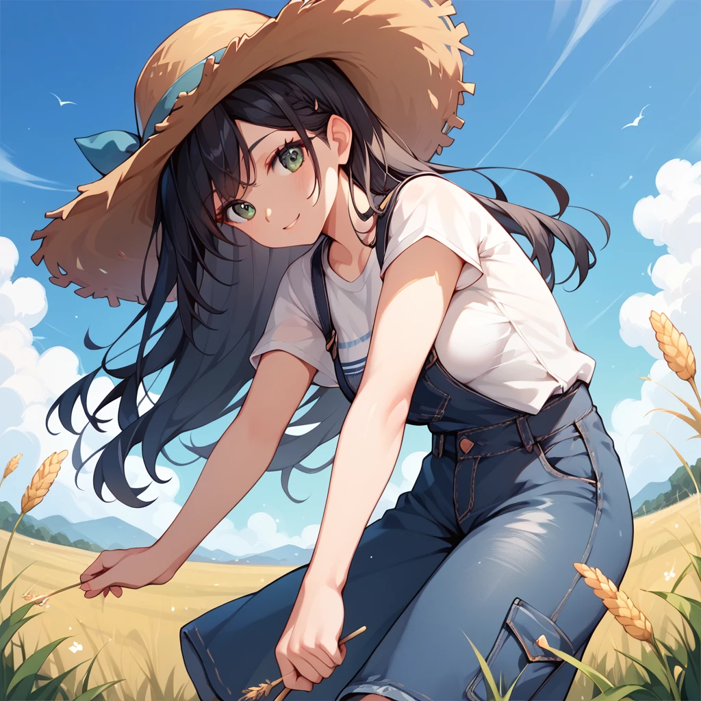  1 girl, Black Hair, long hair ,Work clothes, straw hat,field,field仕事,harvest