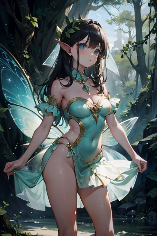 ( Absurd, High quality, ultra-detailed, masterpiece, concept art, smooth, highly detailed artwork, hyper-realistic painting ) , tiny , cute, whole body, Romantic, Vivid, dreamy, fantasy, fairy wings, in the forest, enchanting glow, very detailed art, reveal clothes, sexy lace underwear,  transrarrent clothnes, perky niples, ((pregnat))