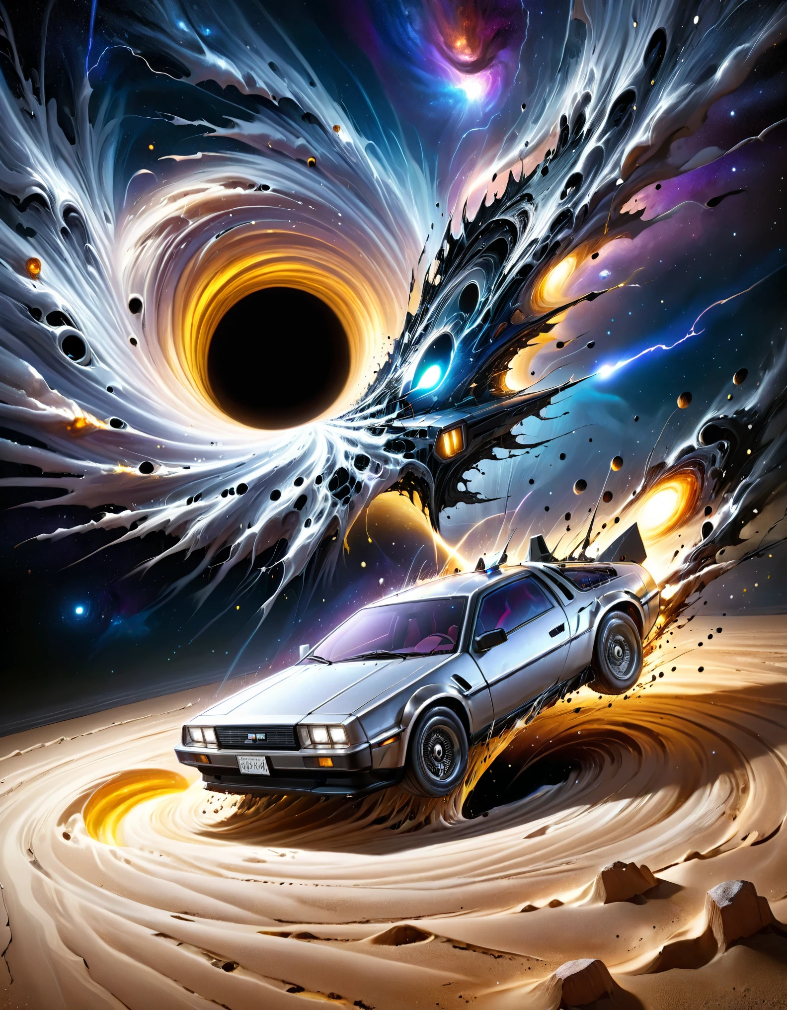 Portal to Another Dimension, black hole 
A DeLorean escapes from a black hole in the desert, yellow lightning, pale ruts, 
Masterpiece, Best Quality, Ultra high Detailes, intricate details