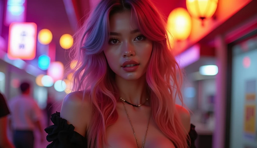 85mm portrait photo of sexy naked wet skinny woman, 20 yo, pink faux hawk hair, standing outside a 50s diner, flirting with camera, look at a camera, (smile:1.3), neon signs, neon light, epic realistic, faded, ((neutral colors)), art, (hdr:1.5), (muted colors:1.2), pastel, hyperdetailed, (artstation:1.5), warm lights, dramatic light, (intricate details:1.2), complex background, dark studio, rim lighting, dimly lit, low key