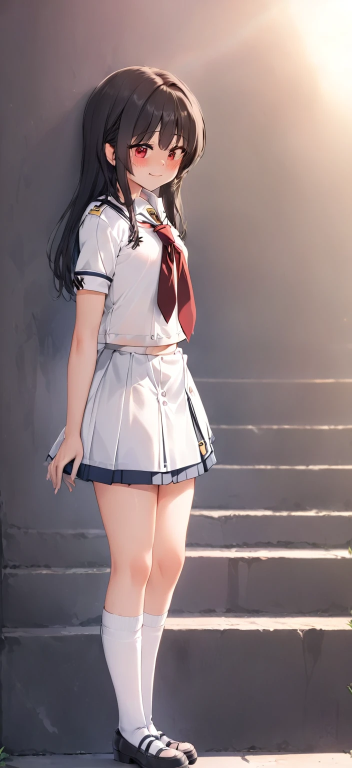 1 woman,High school girl, cute woman ,Wearing a white uniform, navy blue skirt,The tie is red,Black Hair,blush, is shy ,smile,Looking Down, not looking at me