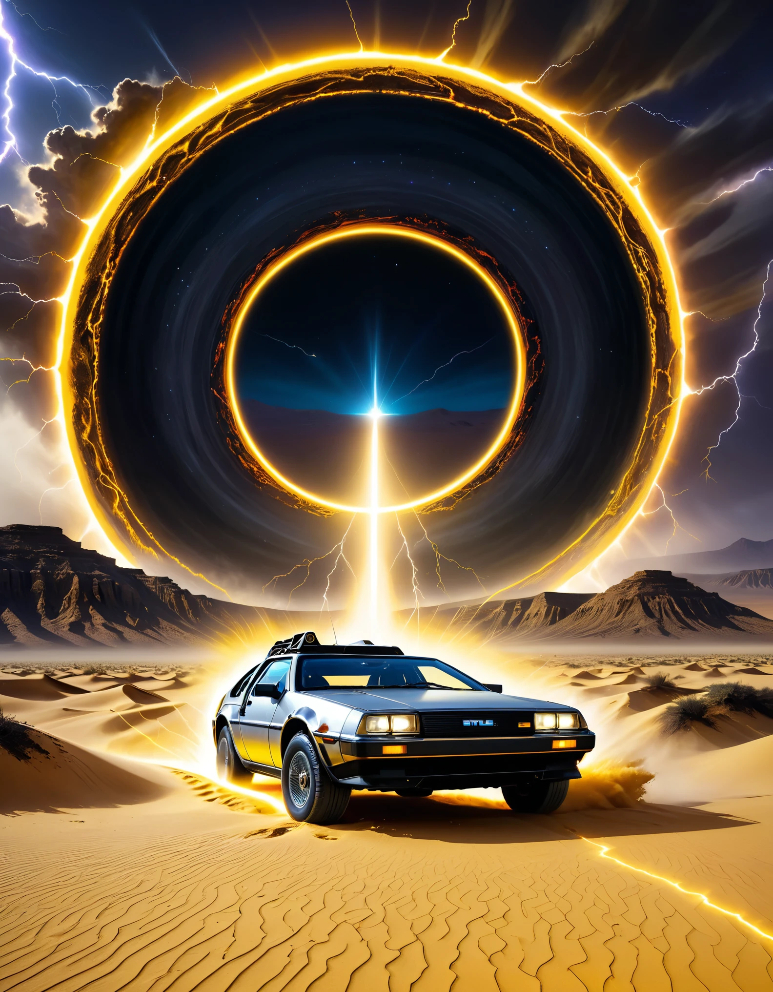 Portal to Another Dimension, black hole 
A DeLorean escapes from a black hole in the desert, yellow lightning, pale ruts, 
Masterpiece, Best Quality, Ultra high Detailes, intricate details