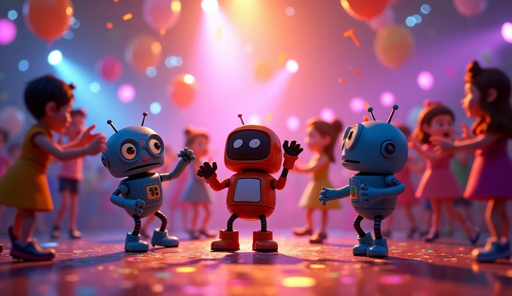 Generate image in Disney Pixar animation 3D style based upon this prompt:  * *Prompt*: s are having a dance party with colorful lights and fun moves—one is doing a robot dance, another does a silly twist, while others clap and cheer. They’re surrounded by floating balloons and confetti.
