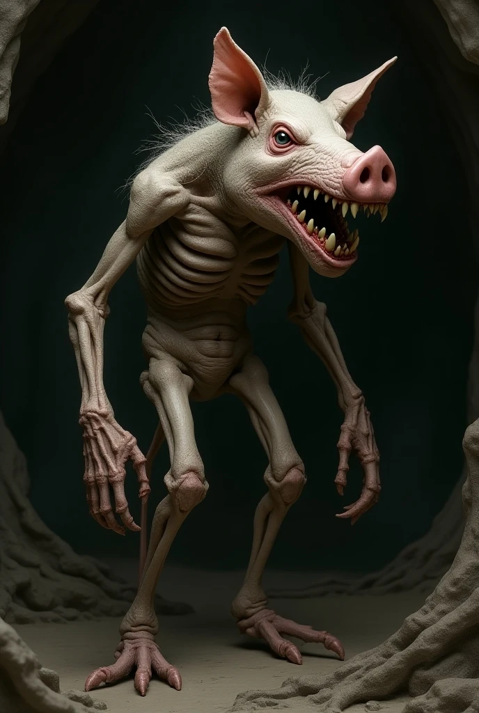 A man with a horse nose with 5 legs and 3 arms, very ugly and angry