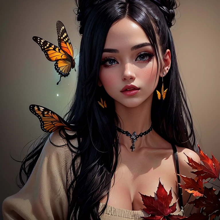 A girl with black long straight hair, with full beautiful body, bee and lady bug flying around, purple background in klimt and van gogh style, 4k