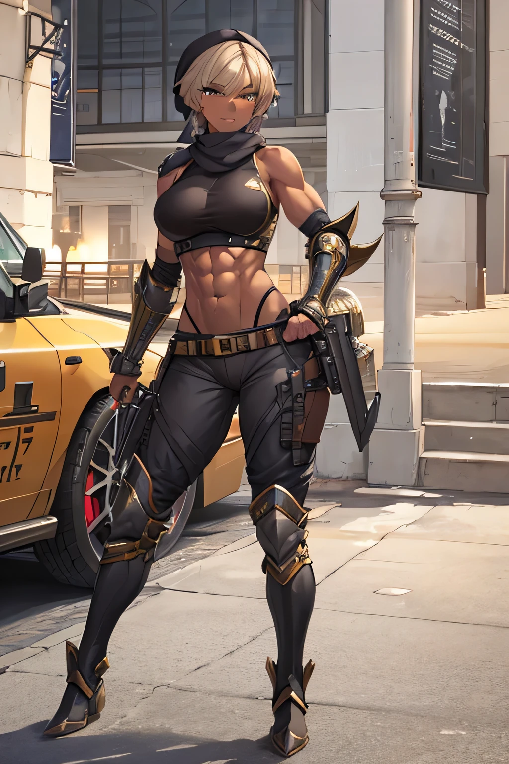 Top quality, detailed face, top quality, detailed eyes, detailed illustration, one woman, MILF, 35 years old, Arabian, mercenary with a history of warfare, ruthless expression, (((brown skin))), short white hair, cool hairstyle, turban, scarf, muscular, supple body, iron-clad tank top, abs, steel shoulder pads, military pants, steel gauntlets, steel lek armor, boots, sharp eyes, yellow eyes