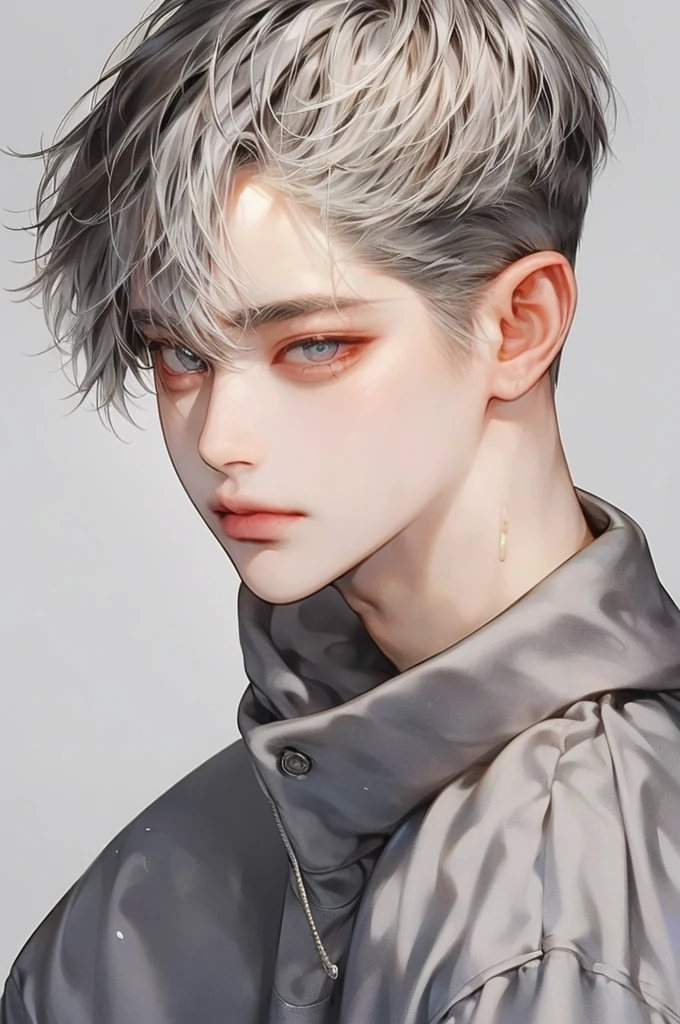 masterpiece, best quality, Detailed Eyes, high quaility, 1 male, male, 1 boy, gentle, soft, handsome, tall,  gray colored hair, gary colored eyes, a hadsome man, Korean man, Adult male, cool man、Tall, ((현진이랑 얼굴 비슷함))、 undercut, ((짧은 머리)), ((검은색 배경))