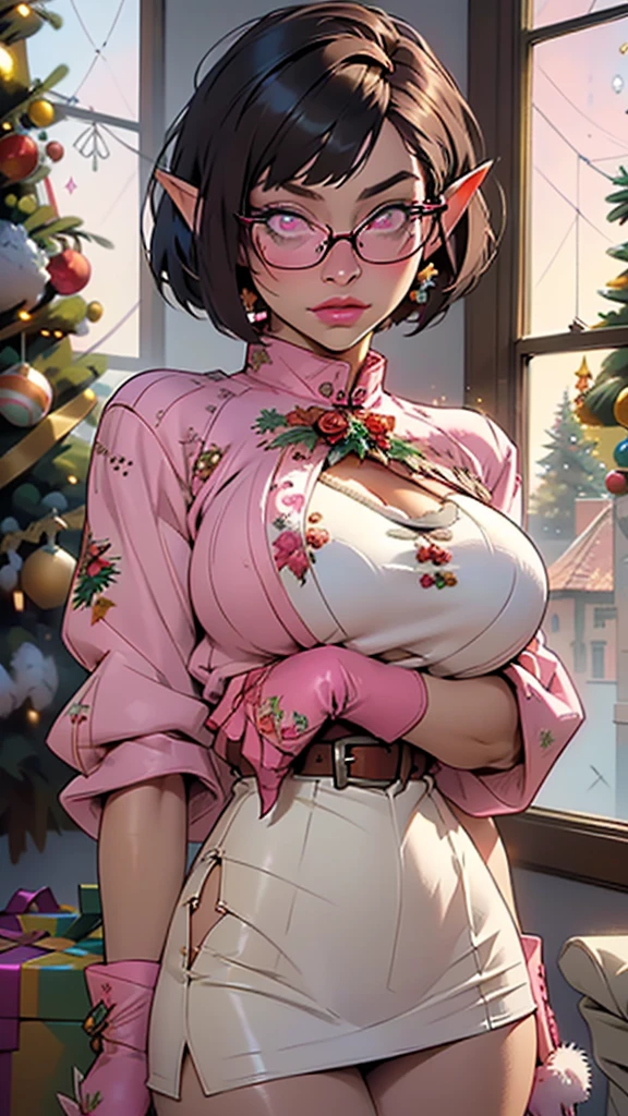 cute elf,(((little ,tiny little body,little))),((())),((anime elf with extremely cute and beautiful brunette hair)), (((elf))), (((elf ears))),
(((large breast:1.8))),((((brunette hair:1.35,brunette bob cut hair,colored inner hair,ear breathing)))),(((pink_eyes:1.3))),intricate eyes,beautiful detailed eyes,symmetrical eyes,big eyes:1.5,(((lustrous skin:1.5,bright skin: 1.5,skin tanned,shiny skin,very shiny skin,shiny body,plastic glitter skin,exaggerated shiny skin,illuminated skin))),(detailed body,(round face,detailed face)),
cute,slutty,erotic,daring,fat,((nsfw)),
((((huge glasses, nerd glasses, thick glasses, round glasses)))),zettai ryouiki,revealing clothing,show skin,(((Sexy pale pink fur coat, pale pink fur coat outfit, wearing a pale pink fur coat:1.3,pale pink winter coat))), ((pale pink mini-skirt,pale pink mini skirt with furry edge,visible thong straps)),((underpants strap)),(white gloves,pale pink clothes,semi-naked,with little pale pink clothing),((((furry edge clothing)))),(((intricate outfit,intricate clothes,embroidered outfit,ornate outfit))),
(dynamic pose:1.0),embarrassed,(centered,scale to fit dimensions,Rule of thirds),
((snowy pine forest)),winter,scenery:1.25,((intricate scenery)),((snow forest background)),Christmas tree,
(Glossy winter ornaments),highres,sharp focus,(ultra detailed,extremely detailed),(photorealistic artwork:1.37),(extremely detailed CG unity 8k wallpaper),(((vibrant colors,vibrant theme))),(intricate),(masterpiece),(best quality),