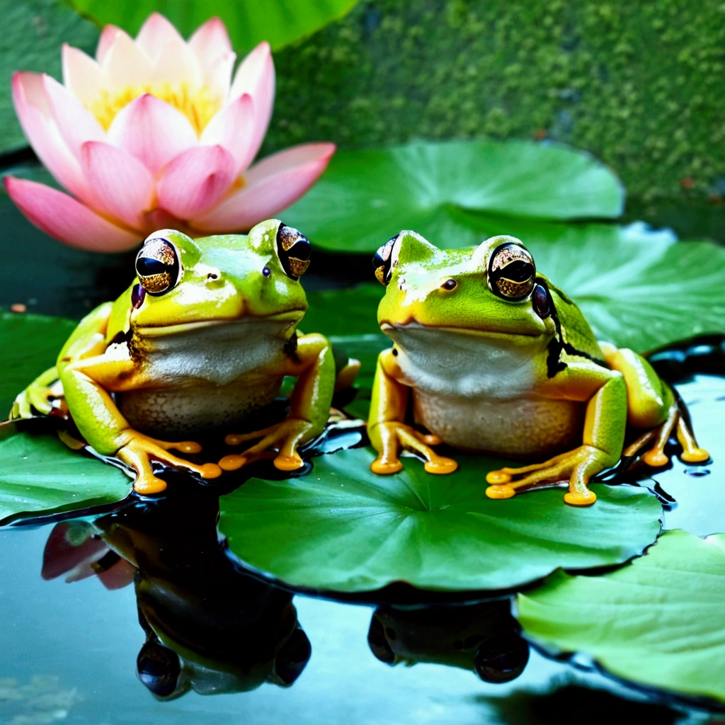 Frog,緑のFrog,tree frog ,Pool,Lotus leaf