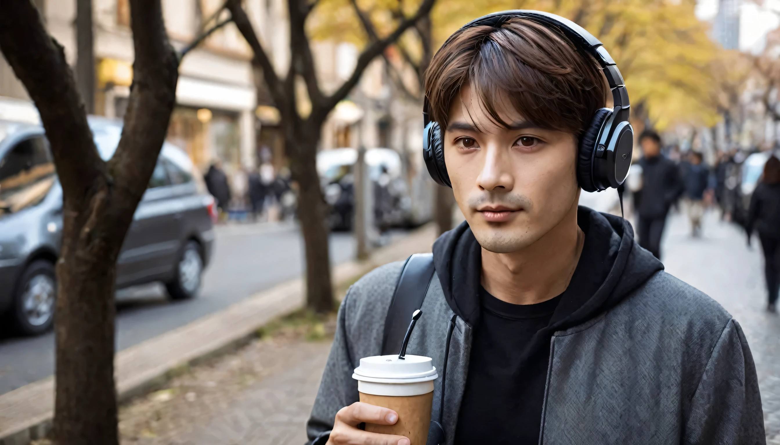 masterpiece, Best Quality, 1 person, adult, male , alone, medium brown hair with coffee in one hand, Brown Eye, staring , High image quality, street tree、Coffee in one hand、 headphones