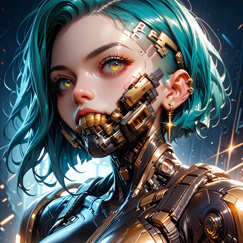 1 woman with teal sidecut punk hair, gold tech eyes, gold skullmask over mouth, tight bodysuit, nightcity cyberpunk backdrop, golden tech arms
