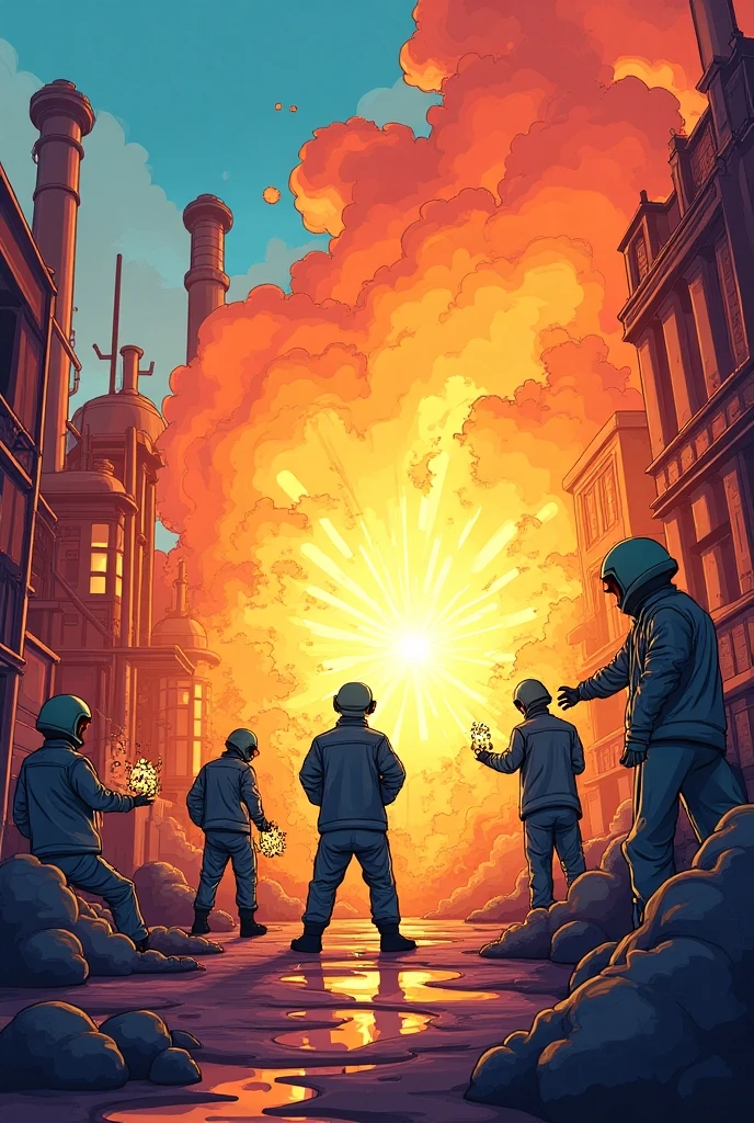 3 firefighters marched forward,Wear fireproof clothing,Surrounded by reddish-yellow flames,Run to the giant oil tank that caught fire,Firefighters in the smoke of the flames,Light of Faith poster,Sots Art, Official artwork, Light of Hell, official poster artwork ,anime still film anime shikishi,Nezha painting style,Heroic
