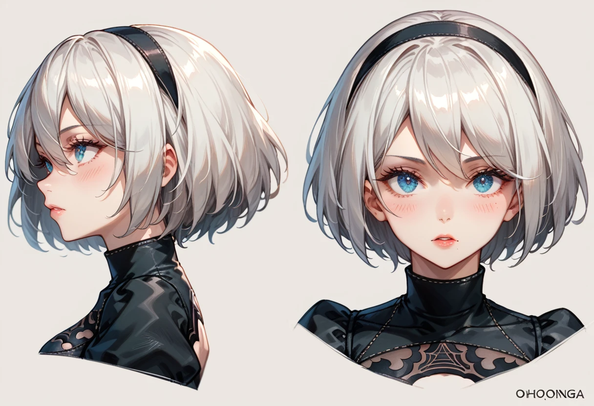 character sheet desing lady 2b from nier automata, only head. beauty face, perfect proportion, beauty, ultra detailed face. view: front view and (orthogonal side view) . (only head view) 2 views. beauty eyes. (((orthogonal views))), no perspetive only orthogonal views. straight head, orthogonal view. symmetry. only 2 views. top view, back view. bottom view (cenital), only orthogonal views