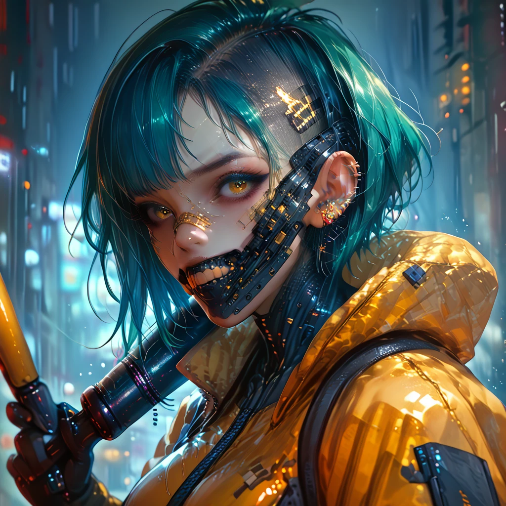 
1_moxx_woman with teal sidecut punk hair, gold tech eyes, gold skullmask over mouth, tight bodysuit, nightcity cyberpunk backdrop, golden tech arms, holding a baseballbat

