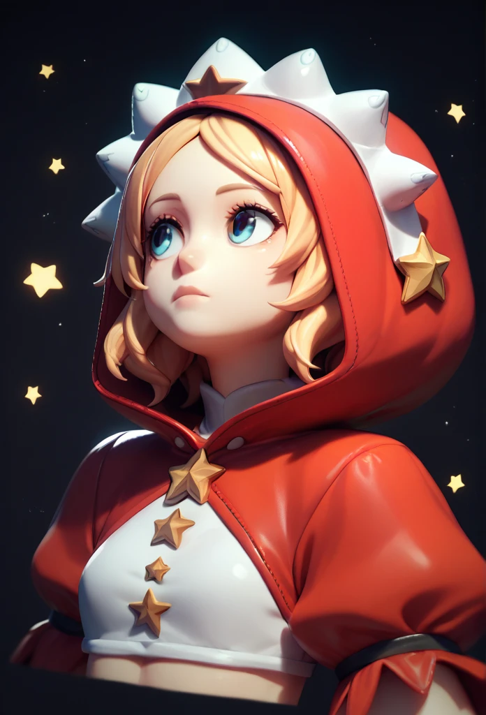 (( extreme details )),(ultradetailed),  extremely detailed 8k CG wallpaper, velvet, figurine, red hood, crop top, star headdress,  cute sleeves , lips, looking away, close-up, turn your head, black background