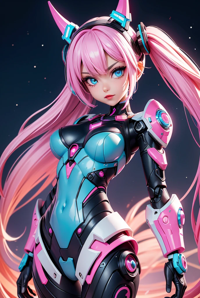 high resolution, best quality, illustration, Super details, (Detailed face), (delicate eyes) Q version of League of Legends Kai’Sa figure pink and blue full body doll on the table