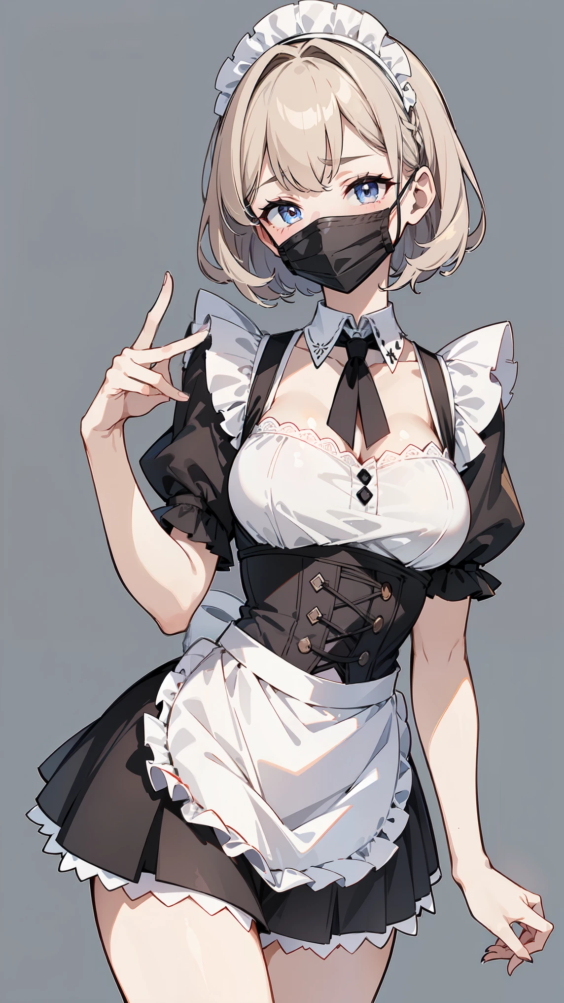 (masterpiece, best quality, ultra high quality, 1girl, solo), (((성숙한 28세 여성))), (fair skin with a hint of pink), ((Her height is 168 cm.)), (((small face))), (((She has good body proportions.))), (straight bob haircut), (((silver blonde hair))), ((no bangs)), (skyblue eyes), (mascara), (big breasts:1.6), (All Black Fashion), (wearing short victorian black mini skirt), (maid), (black apron), (The peaceful country mansion), (with exposed chest), (mask), (Beautiful leg line), iPhone으로 찍은 셀카, 전면 카메라로 손이 보이지 않는, 침실, v-sign