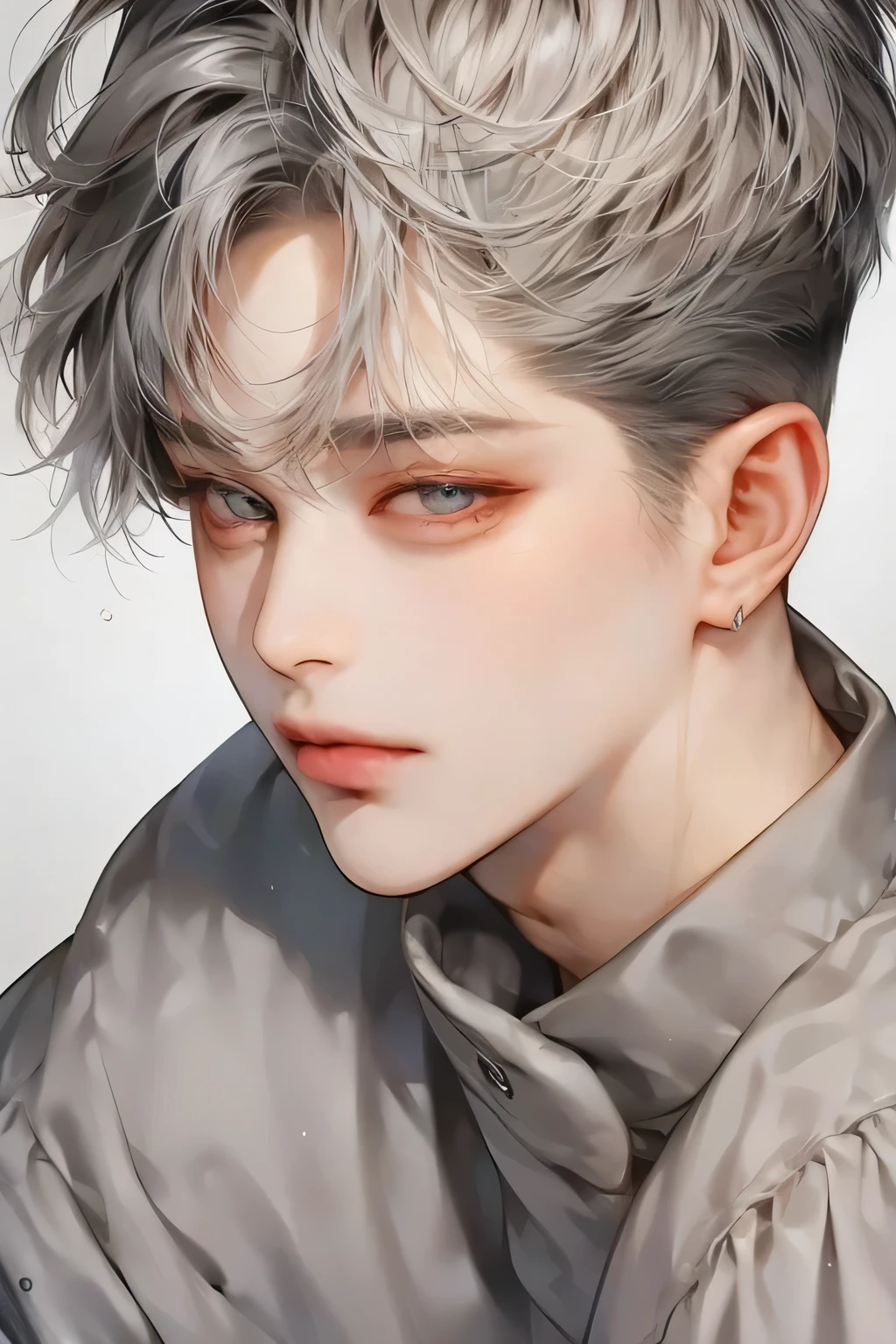 masterpiece, best quality, Detailed Eyes, high quaility, 1 male, male, 1 boy, gentle, soft, handsome, tall,  gray colored hair, gary colored eyes, a hadsome man, Korean man, Adult male, cool man、Tall, ((현진이랑 얼굴 비슷함))、 undercut, ((짧은 머리)), ((검은색 배경))