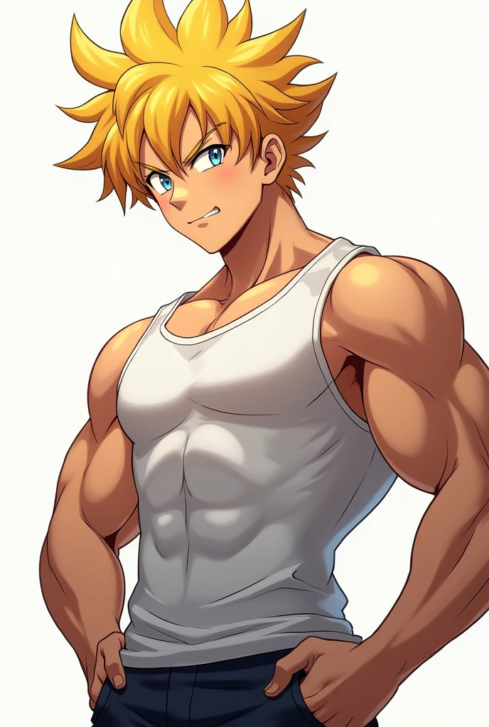 ((Anime style art)), Extremely muscular masculine character, pale skin, blonde hair, sapphire blue eyes, bodybuilder body, wearing a sleeveless V-neck shirt, hands raised at neck level, The character is leaning against a wall. Pockets, Futuristic cityscape, Busy route, Buildings, person
AS & Vehicles. Main character from the anime, Nice image, Hard drive, 4k, Main character leaning against a wall with his hands at face level.