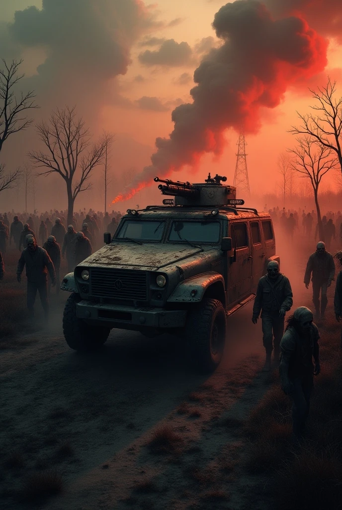 An apocalyptic city with lots of zombies, dead people in the streets, lots of blood, smoke, toxic gas, cars, houses and destroyed buildings