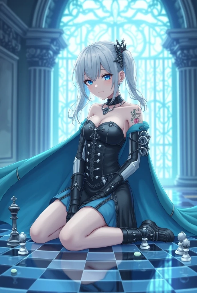 A woman wearing a blue dress, wearing black gloves, white hair with a ponytail, blue eyes, on the top of a large castle, smiling, at night