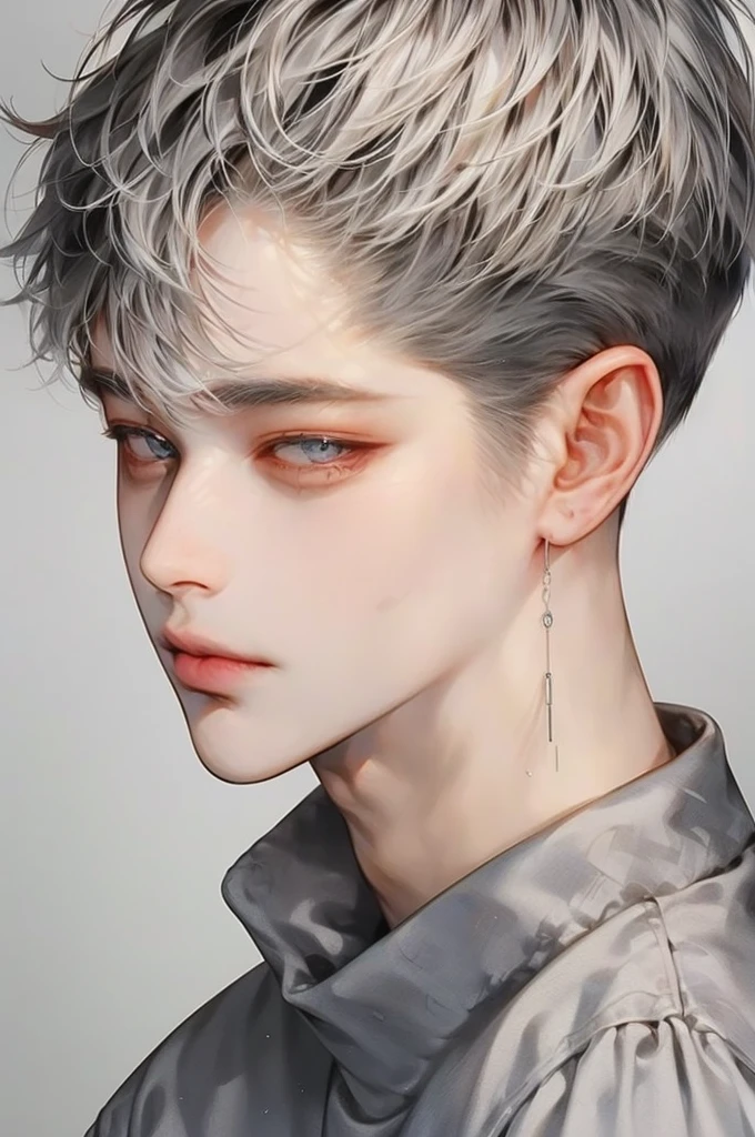 masterpiece, best quality, Detailed Eyes, high quaility, 1 male, male, 1 boy, gentle, soft, handsome, tall,  gray colored hair, gary colored eyes, a hadsome man, Korean man, Adult male, cool man、Tall, ((현진이랑 얼굴 비슷함))、 undercut, ((짧은 머리)), ((검은색 배경))