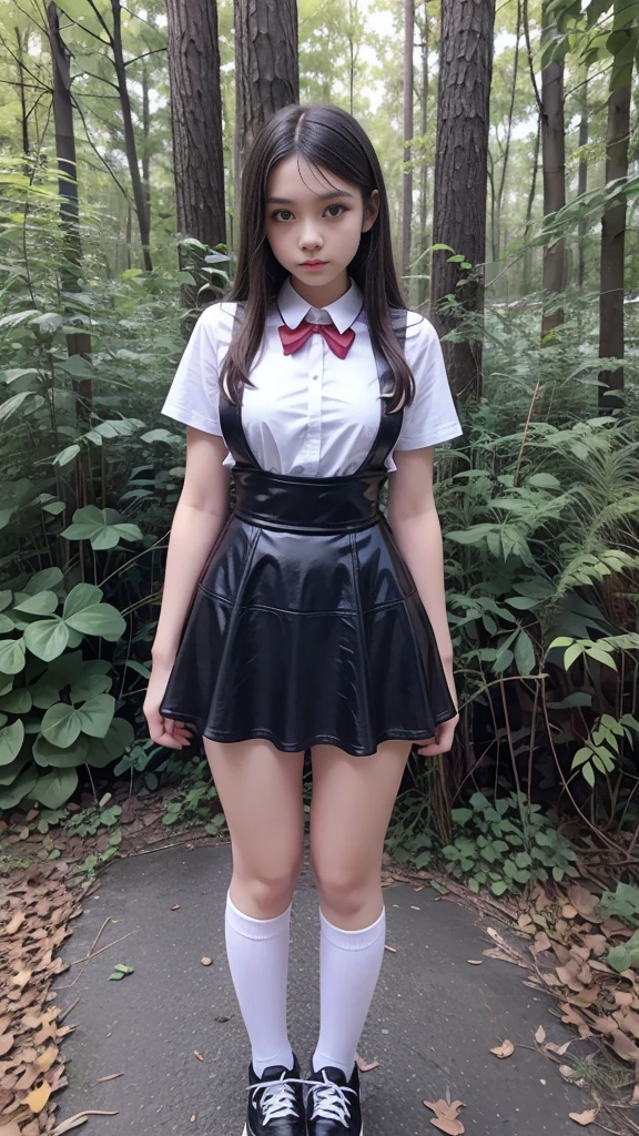 Full body, Mean   beautiful young schoolgirl  ,  beautiful  teen face, short black leather skater pinafore,   a teen girl wearing in a short black skater pinafore, leather skater skirt, wearing in a white blouse, with short sleeves,  red silk tie, brunet long straight hair,  beautiful eyes, black stockings,  sneakers on high platform, Thick Bottom Shoes, girl - standing in the forest, photorealistic , ((big lips)), sad face, perfect  long legs, full size figure, short black leather skater pinafore, leather skater skirt,  perfect figure