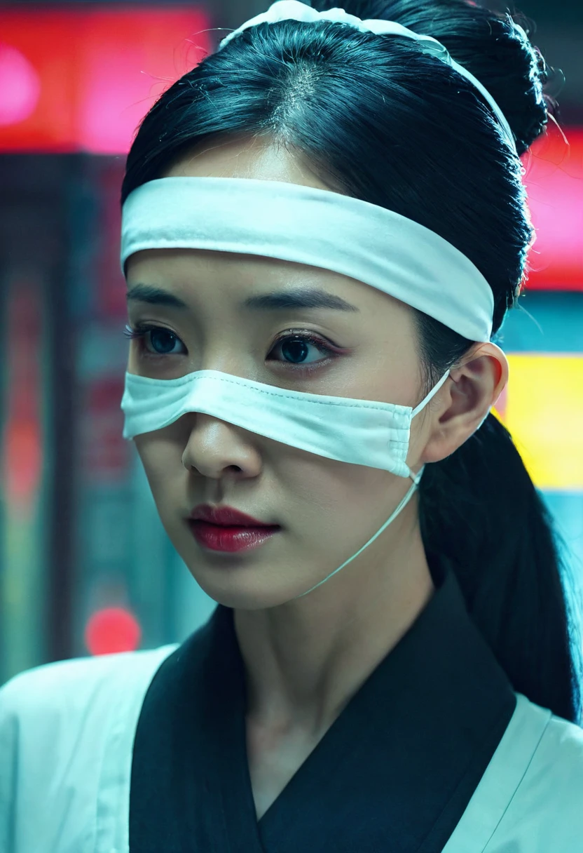  Woman with Red Ulcers on Lips, Oral Woman ,  Detailed Facial Features , fine grain,  detailed nose ,  Detailed Lips , 長black hair, white skin,  Wearing Surgical Mask , fear, gloomy mood,  Light Dark Contrast Light ,  Movie Structure ,  Dramatic lighting ,  Moist atmosphere , Dark fantasy, Japanese Women , black hair, short hair,  folded ponytail , headband,  separated Liu Hai , Female high school student