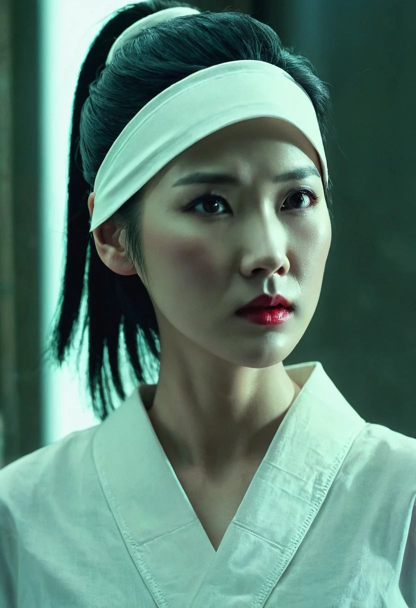  Woman with Red Ulcers on Lips, Oral Woman ,  Detailed Facial Features , fine grain,  detailed nose ,  Detailed Lips , 長black hair, white skin,  Wearing Surgical Mask , fear, gloomy mood,  Light Dark Contrast Light ,  Movie Structure ,  Dramatic lighting ,  Moist atmosphere , Dark fantasy, Japanese Women , black hair, short hair,  folded ponytail , headband,  separated Liu Hai , Female high school student