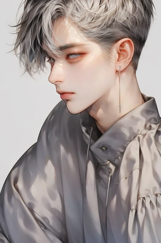 masterpiece, best quality, Detailed Eyes, high quaility, 1 male, male, 1 boy, gentle, soft, handsome, tall,  gray colored hair, gary colored eyes, a hadsome man, Korean man, Adult male, cool man、Tall, ((현진이랑 얼굴 비슷함))、 undercut, ((짧은 머리)), ((검은색 배경))