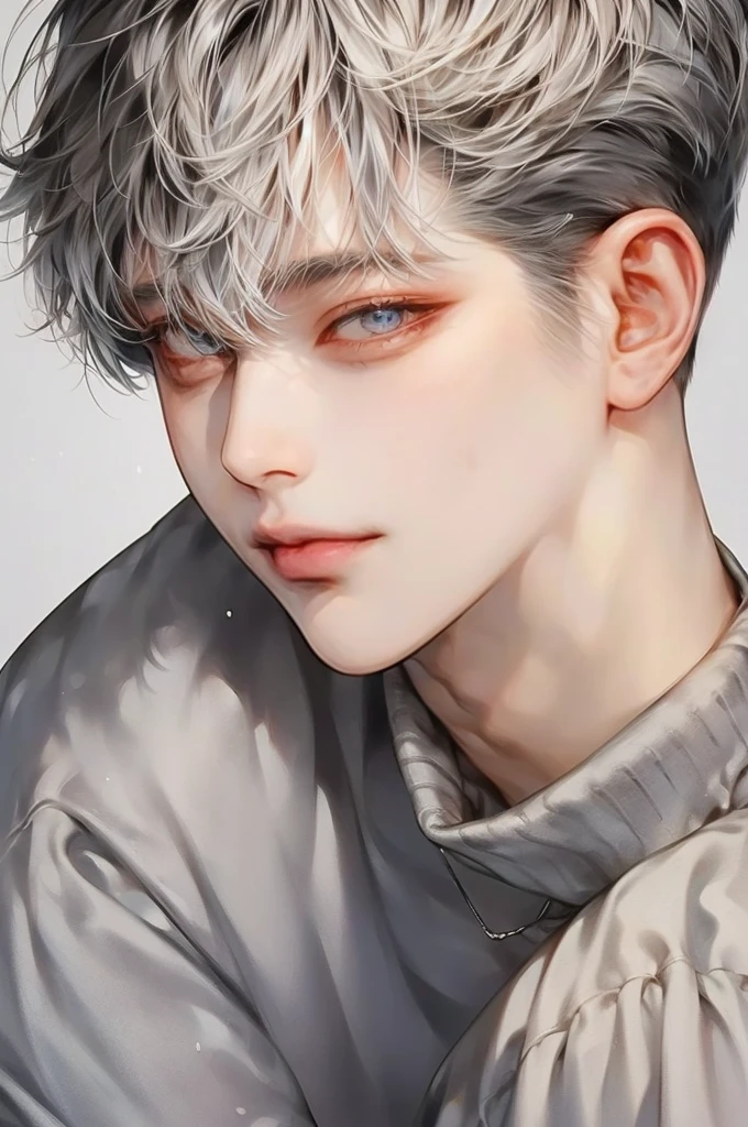 masterpiece, best quality, Detailed Eyes, high quaility, 1 male, male, 1 boy, gentle, soft, handsome, tall,  gray colored hair, gary colored eyes, a hadsome man, Korean man, Adult male, cool man、Tall, ((현진이랑 얼굴 비슷함))、 undercut, ((짧은 머리)), ((검은색 배경))