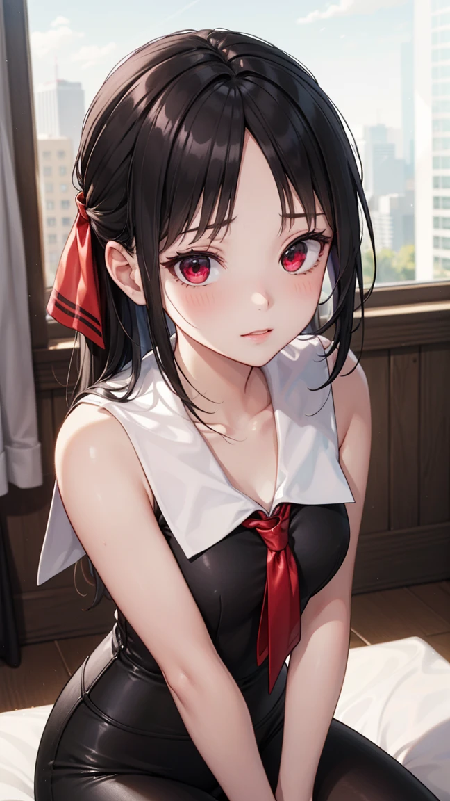  masterpiece ,  Best Quality,  High Resolution , 1 female,  Detailed Face , blush,  Anime CG Style , ( Medium chest), ( 18 year old girl ),   Well lit  ,  whole body  , (), ( Bind Bare Chest with Tape ), arms tied, leggings,  Open big eyes ,   Expanded Care , clothing, Cheerleader , Diaphragm, clavicle, Meeting, bend knees ( 裸露的胸部 ) ( Very Low Cut ) ( Shinjuku Night ) (red eyes) ( black hair ) ( long hair )