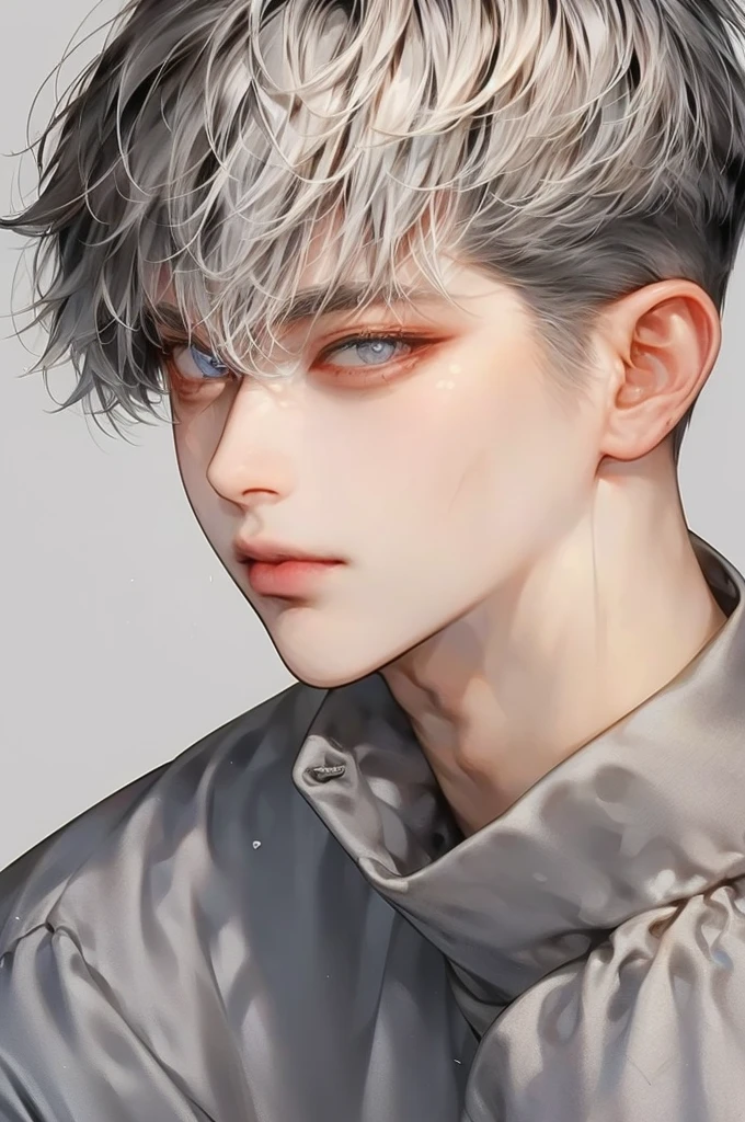 masterpiece, best quality, Detailed Eyes, high quaility, 1 male, male, 1 boy, gentle, soft, handsome, tall,  gray colored hair, gary colored eyes, a hadsome man, Korean man, Adult male, cool man、Tall, ((현진이랑 얼굴 비슷함))、 undercut, ((짧은 머리)), ((검은색 배경)), ((바른자세))