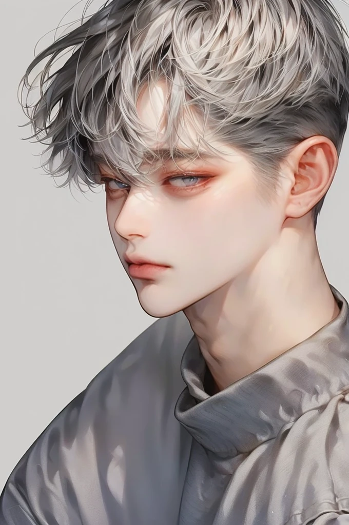 masterpiece, best quality, Detailed Eyes, high quaility, 1 male, male, 1 boy, gentle, soft, handsome, tall,  gray colored hair, gary colored eyes, a hadsome man, Korean man, Adult male, cool man、Tall, ((현진이랑 얼굴 비슷함))、 undercut, ((짧은 머리)), ((검은색 배경)), ((바른자세)), ((멀리서 찍은 사진))