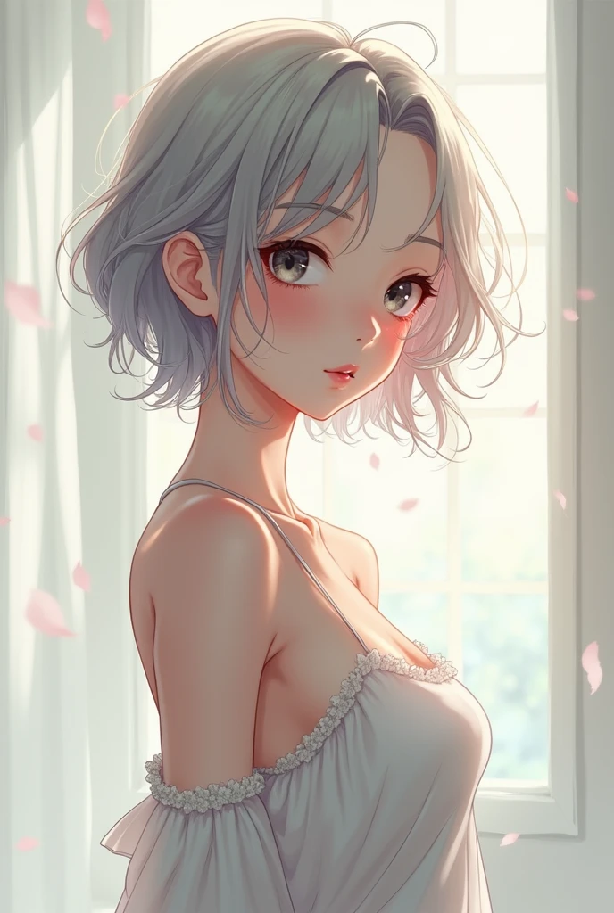 Cute anime girl character with white hair naked