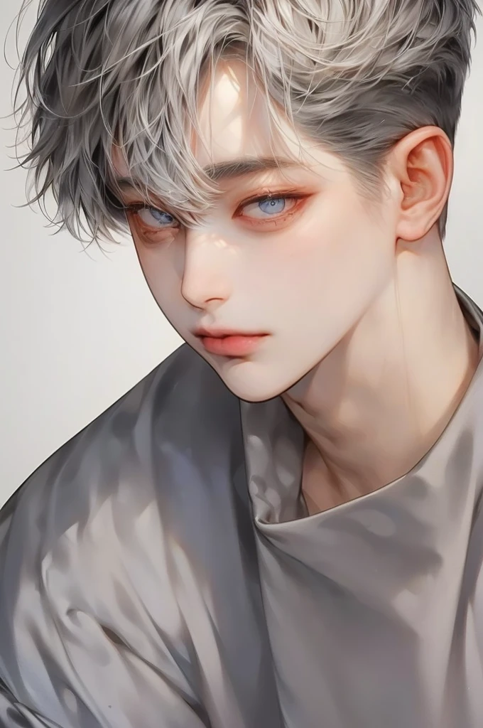 masterpiece, best quality, Detailed Eyes, high quaility, 1 male, male, 1 boy, gentle, soft, handsome, tall,  gray colored hair, gary colored eyes, a hadsome man, Korean man, Adult male, cool man、Tall, ((현진이랑 얼굴 비슷함))、 undercut, ((짧은 머리)), ((검은색 배경)), ((바른자세)), ((정면 사진))