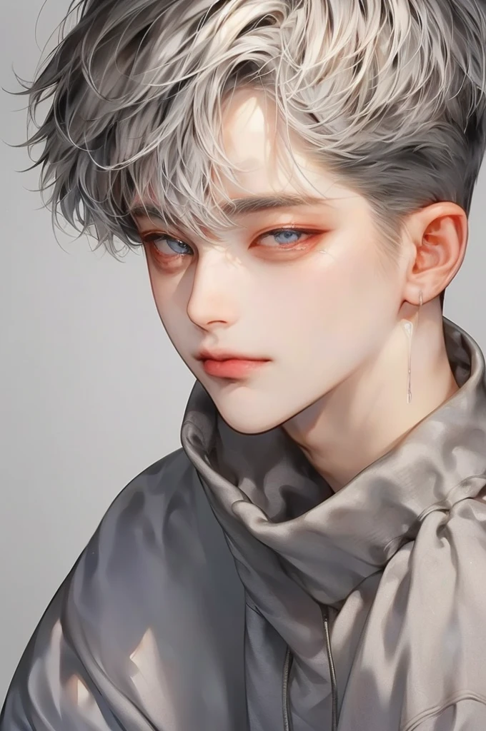 masterpiece, best quality, Detailed Eyes, high quaility, 1 male, male, 1 boy, gentle, soft, handsome, tall,  gray colored hair, gary colored eyes, a hadsome man, Korean man, Adult male, cool man、Tall, ((현진이랑 얼굴 비슷함))、 undercut, ((짧은 머리)), ((검은색 배경)), ((바른자세)), ((측면 사진))