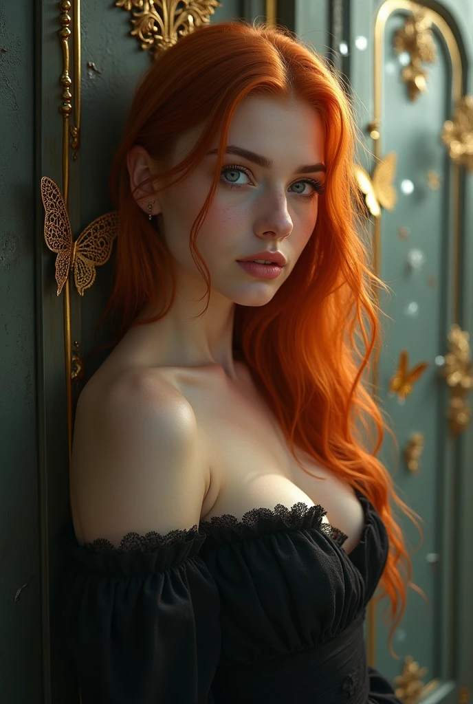 (solo, full body photo:1.3), (action packed:1.3), (haze, fog, mist:1.3), chiaroscuro, best quality, photorealistic, 1woman, (cute), (24yo:1.2), redhead, long ginger hair highly detailed, 1700'S, digital photography, art by artgerm and ruan jia and greg rutkowski surreal painting gold butterfly filigree, broken glass, (masterpiece, sidelighting, finely detailed Fashionable eyes: 1.2) (perfect oval large eyes that gazes at the viewer), beautiful detailed face, blue gorgeous perfect eyes, (blonde hair ponytail), (attractive young woman:1.3), (thick amazing hair), (seductive:1.1), (blushing:1.1)