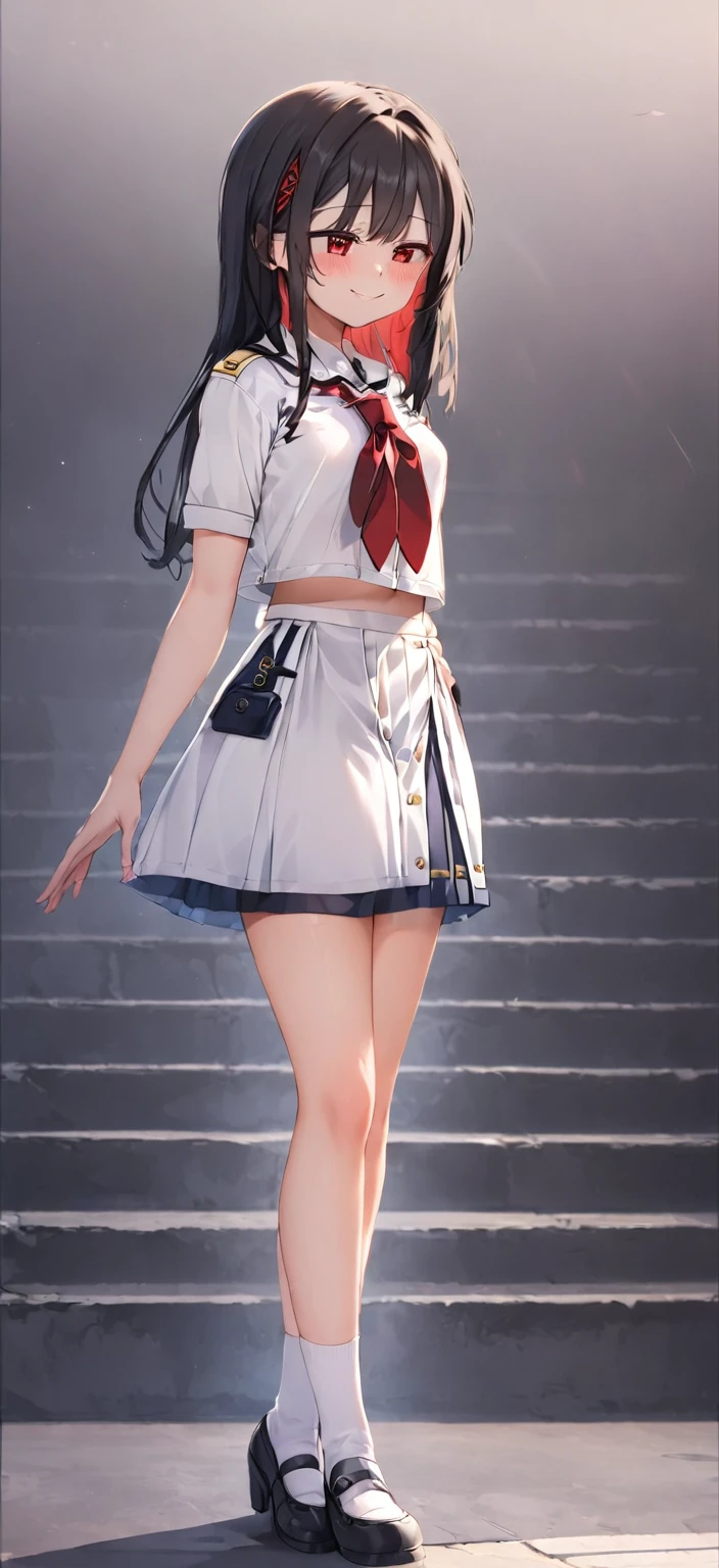 1 woman,High school girl, cute woman ,Wearing a white uniform, navy blue skirt,The tie is red,Black Hair,blush, is shy ,smile,Looking Down, not looking at me