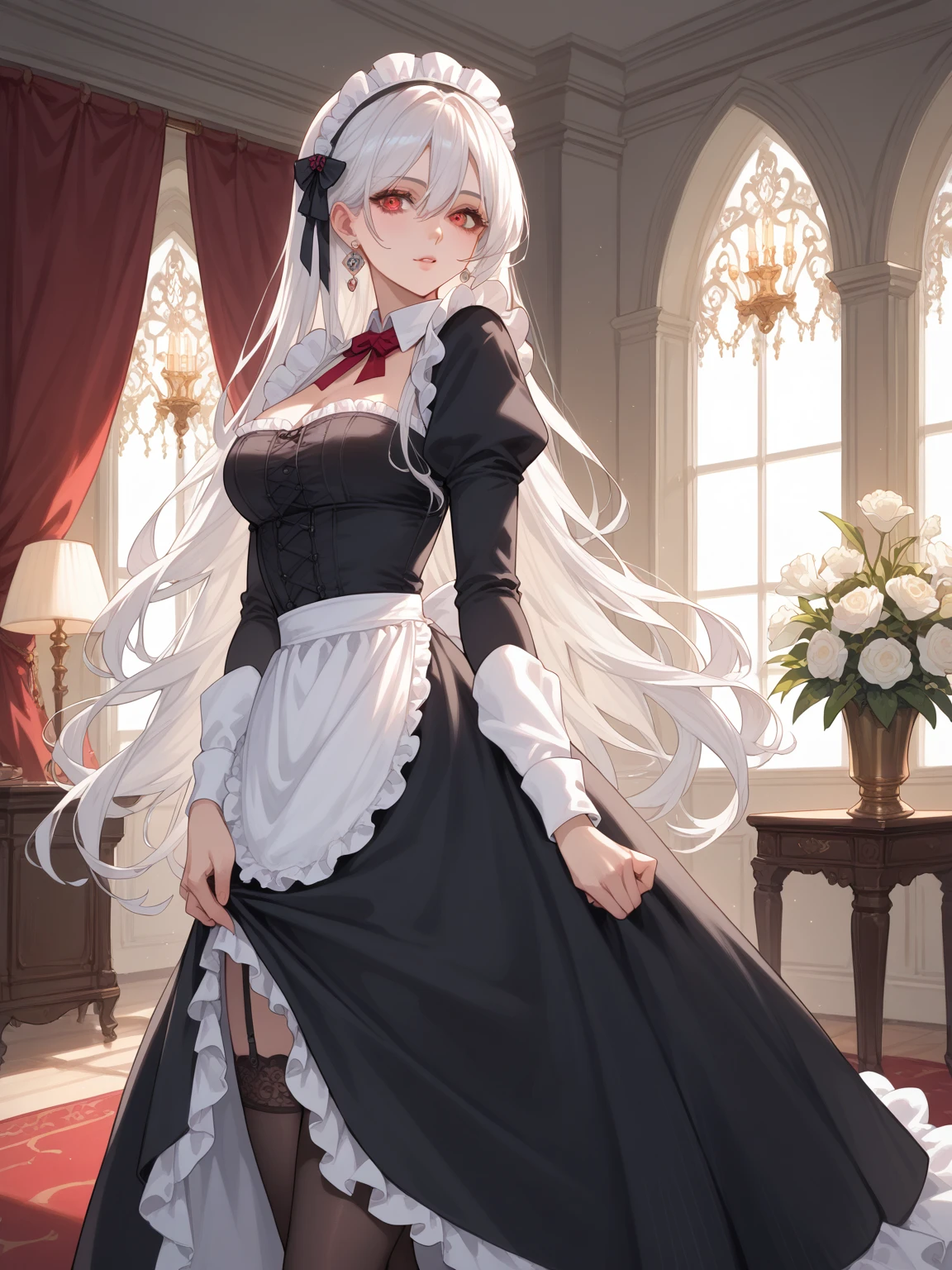 (tmasterpiece, high resolution,ultra - detailed:1.0),1 girl,Young and beautiful women,eye looking to camera,Perfect female body, (Vampire Castle), Extremely detailed CG,Unity 8k wallpaper,Complicated details, solo person, (white hair,Gothic maid clothes,Serious expression,Tray in hand),Luxurious living room,Gothic style,,Dark night,Portrait,color difference, Depth of field,dramatic shadow, Ray tracing, Best quality, Cinematic lighting,offcial art,