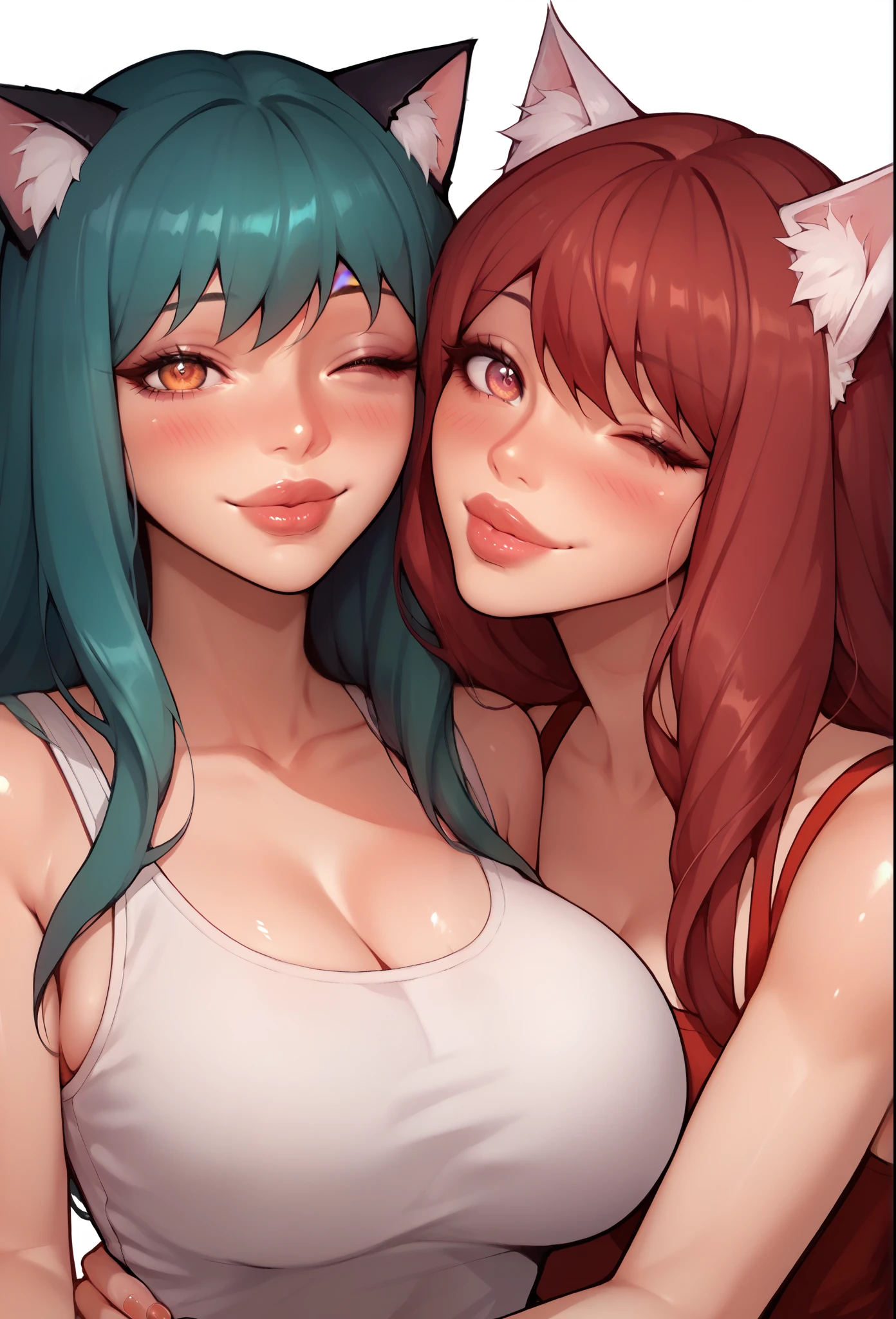 2girls , duo, lesbians, cat girls,  fluffy cat ears, one girl with blue teal hair and orange eyes, one girl with maroon red hair and pink eyes, long hair, large breasts, long eyelashes, mature, (bimbo, big plump lips) shiny skin, wispy bangs, naughty look, anime girls, plain white background, fluffy cat animal ears, wink, one eye closed, soft smile, blush, zoomed in