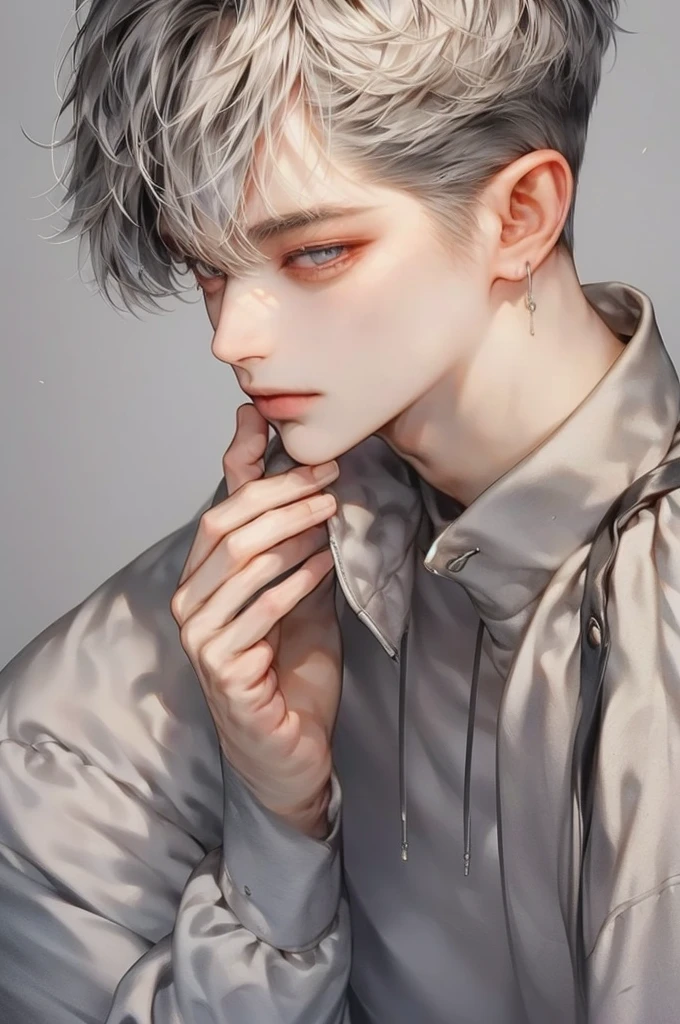 masterpiece, best quality, Detailed Eyes, high quaility, 1 male, male, 1 boy, gentle, soft, handsome, tall,  gray colored hair, gary colored eyes, a hadsome man, Korean man, Adult male, cool man、Tall, ((현진이랑 얼굴 비슷함))、 undercut, ((짧은 머리)), ((검은색 배경)), ((바른자세)), ((측면 사진))