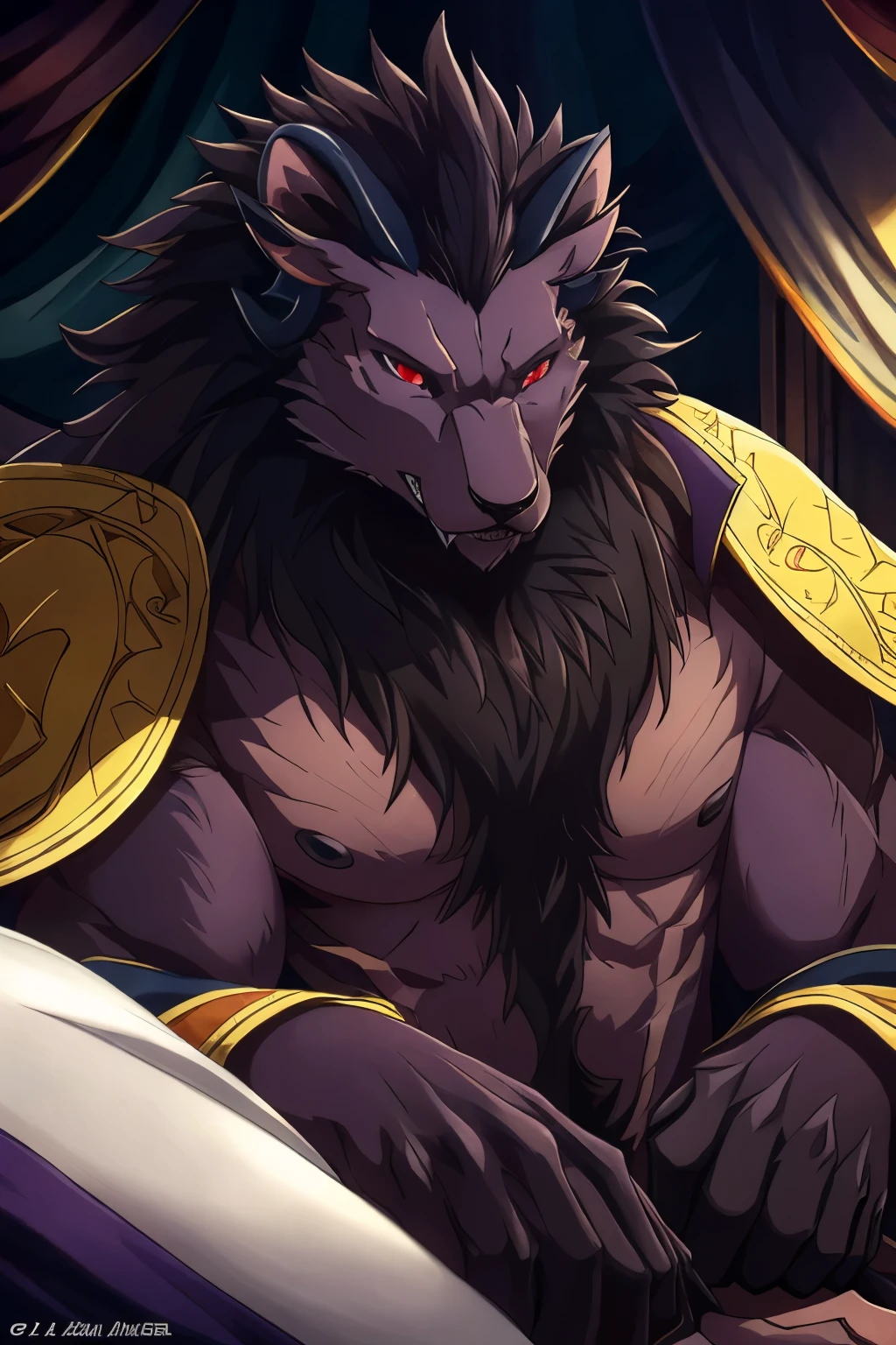 (Best quality, 32К HDR:1.2, ultra detailed, Realistic, photoRealistic, Masterpiece,) Official art, sacrificial princess and king of beasts, full body view, I look at the viewer, One, Male, Beautiful, majestic beast, dark lilac brown fur, black mane, Majestic King, King Leonhart, muscular body, crimson eyes, serious look , small ears, curved back black horns, long upper teeth, Niehime kimono, (detailed Realistic image:1.3), (detailed eyes, beautiful expressive eyes:1), (hyper Realistic fur:1.2), (detailed fur:1. ( detailed face:1) muffled light: 1.2) Masterpiece, Best quality, ultra Realistic ( 8K, UHD, Gorgeous light and shadows, Detailed face image, top quality, Masterpiece, Ultra-high detail, Official art, very detailed, deep shadows, dynamic shadows, HDR, deep sharpness, ultra detailed fur, maximum focus, depth of field, perfect lighting, easy, Highest quality, ultra detailed body, cinematic, sharp focus, Correct anatomy, right hands, right hands, correct head, detailed background, on bed, lying down, shirtless, no shirt on, no upper body clothing