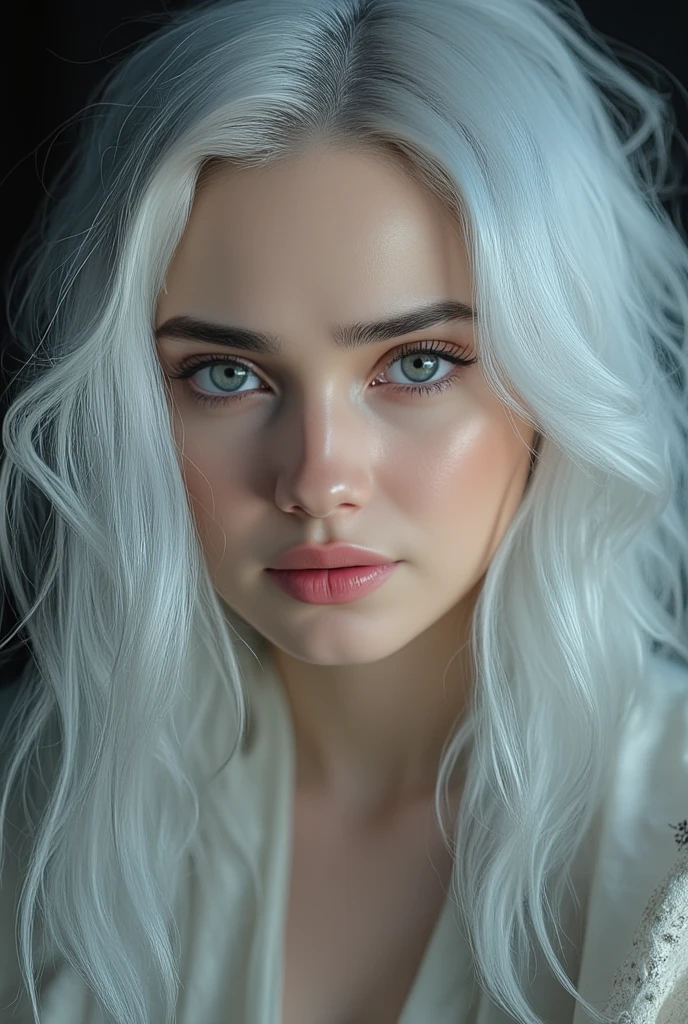 Best quality, masterpiece, ultra high res, (photorealistic: 1.4), raw photo, 1girl, off shoulder, cinematic lighting, heterochromia, white hair, white hair