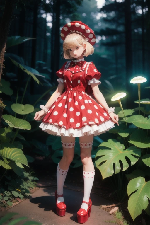 masterpiece, best quality, high quality, woman, mushydress, dress, standing, full body, short sleeves, frills, puffy sleeves, red bow, puffy short sleeves, red dress, polka dot, white socks, red footwear, platform footwear, polka dot dress, polka dot legwear, forest,  bioluminescent, lush foliage, mushroom, cottagecore,  AliceWonderlandWaifu, 