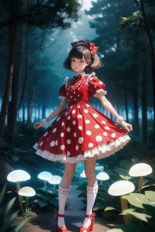 masterpiece, best quality, high quality, woman, mushydress, dress, standing, full body, short sleeves, frills, puffy sleeves, red bow, puffy short sleeves, red dress, polka dot, white socks, red footwear, platform footwear, polka dot dress, polka dot legwear, forest,  bioluminescent, lush foliage, mushroom, cottagecore,  AliceWonderlandWaifu, 