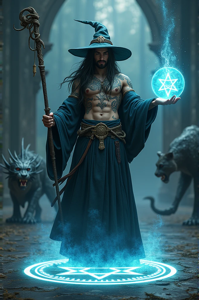 Pyromancer Hat full body 3D animation Long Haired Man covered in tattoos in Dark ...
